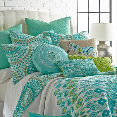 Teal Embroidered Round Boho-Chic Down Throw Pillow