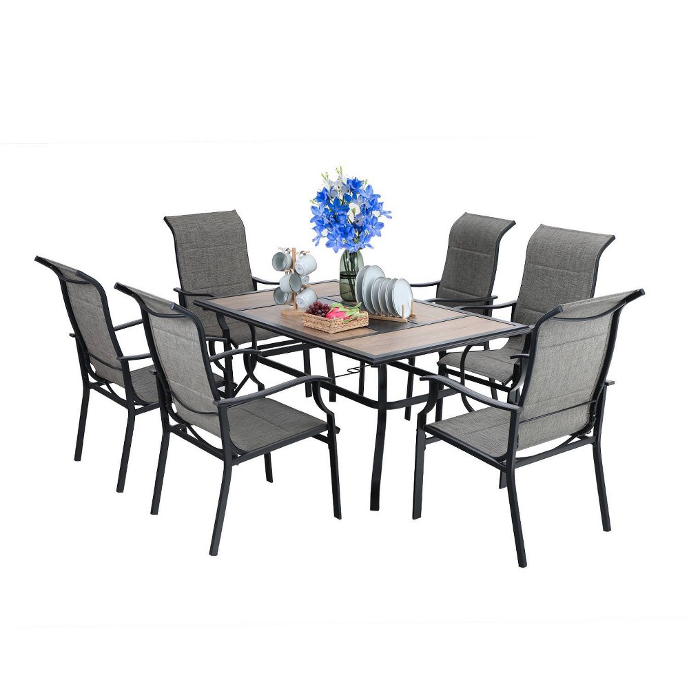7pc Patio Dining Set with Faux Wood/Steel Table with Umbrella Hole & Metal Padded Arm Chairs – Captiva Designs  – Patio and Outdoor​
