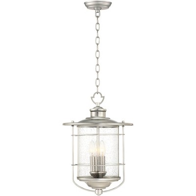 Franklin Iron Works Industrial Outdoor Light Hanging Lantern Brushed Nickel Damp Rated 19" Clear Seedy Glass for Porch Patio