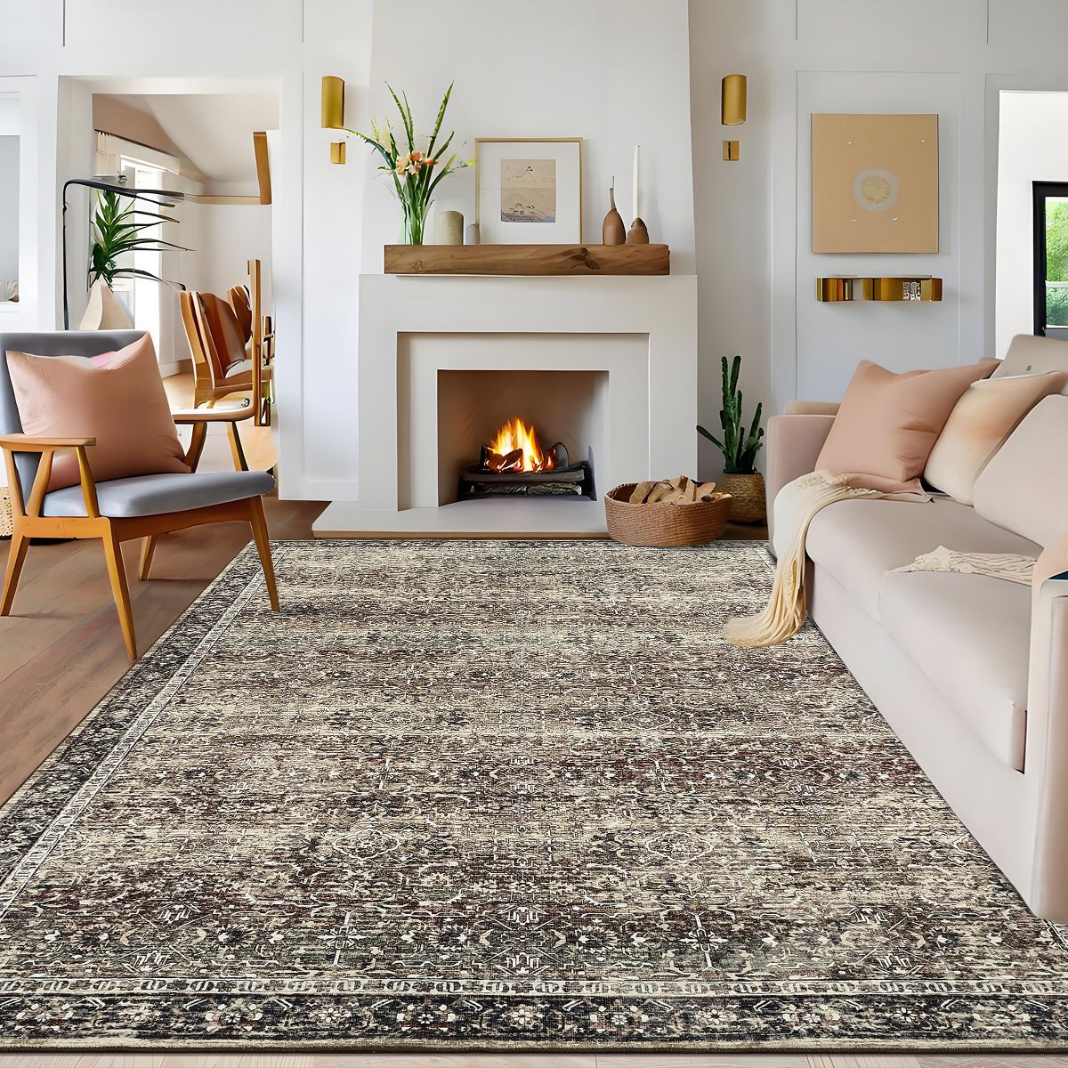 Vintage Washable Area Rugs with Non Slip for Living Room Bedroom Thin Boho Large Floor Carpet Rugs for Hallway High Traffic Area