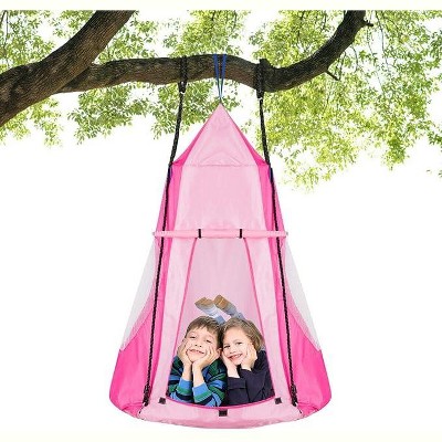Costzon 2-in-1 Kids Hanging Chair Swing Tent Set, Detachable Hammock Nest Seat for Indoor/Outdoor Play, Swing Playhouse, 330 LBS Max (Pink)