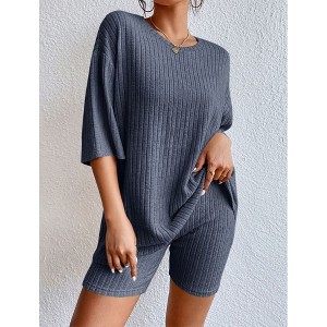 V For City Women's Oversized Ribbed Knit Loungewear Set with Half-Sleeved Top & Shorts Set Pajama Set - 1 of 4