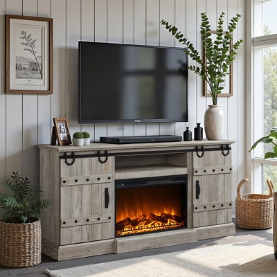 TV Stand with Fireplace for 75 80 Inch TV, 32" Tall Farmhouse Highboy Entertainment Center with Sliding Barn Doors for Living Room