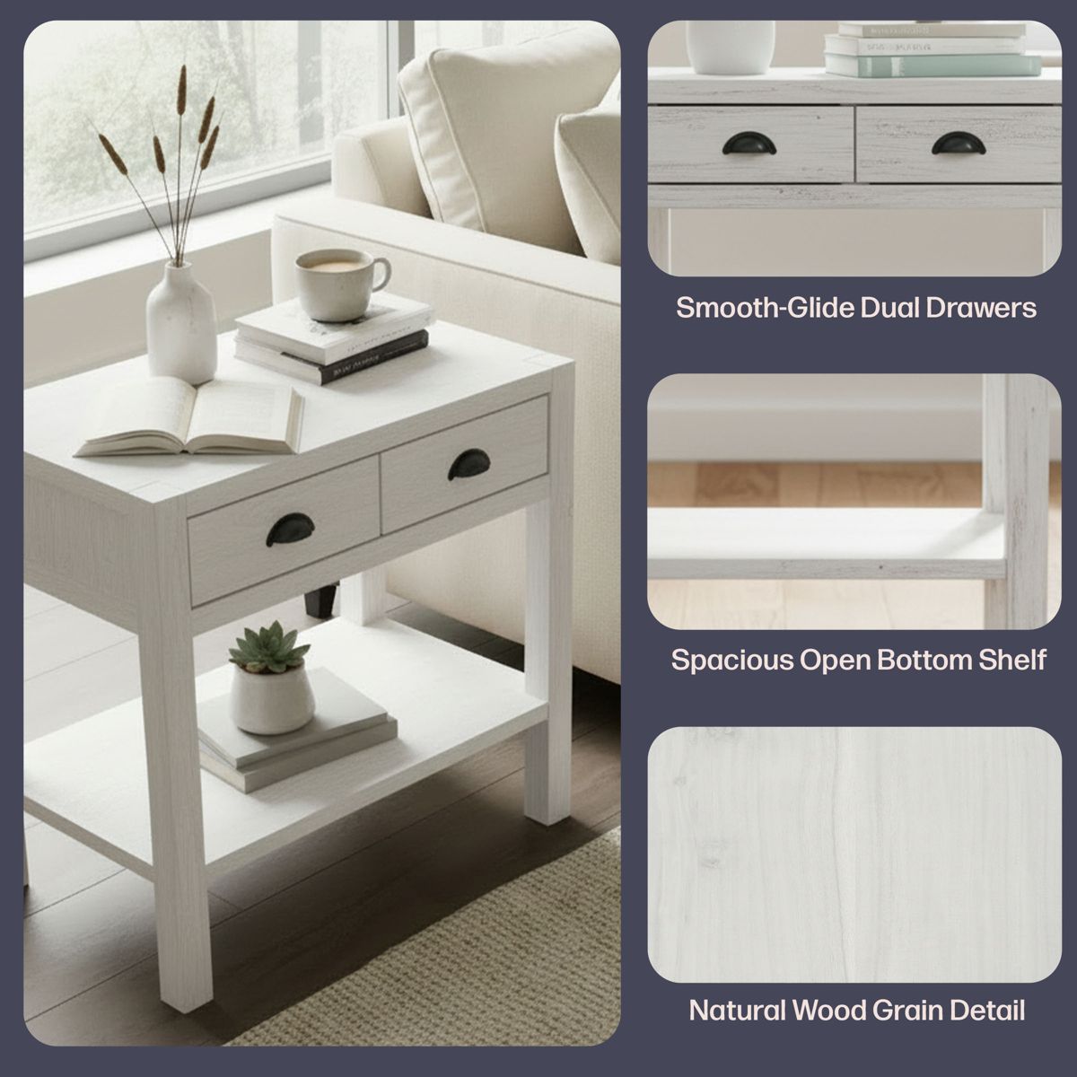 Alaterre Furniture Arden 2-Drawer Nightstand with Open Shelf, Solid Pine Wood, Driftwood White Finish, Metal Drawer Glides, Ideal for Bedroom Storage - thumbnail 6