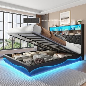 Upholstered Platform Bed Frame with Lift Up Storage & Bookcase Storage Headboard - 1 of 4