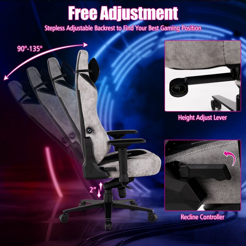 Costway Gaming Chair 360° Swivel Computer Reclining Height Adjustable 4D Armrest Grey, 5 of 11