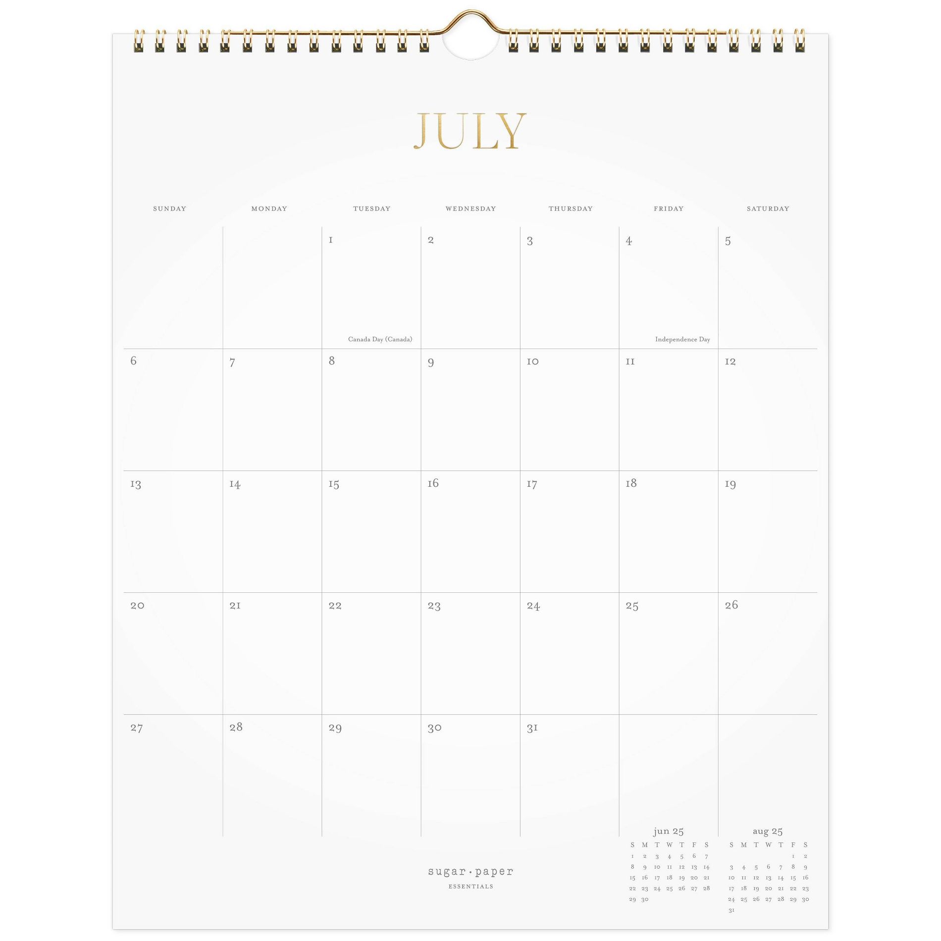 Sugar Paper Essentials 2025-2026 Monthly Wall Calendar 3"x12"x15" White/Gold