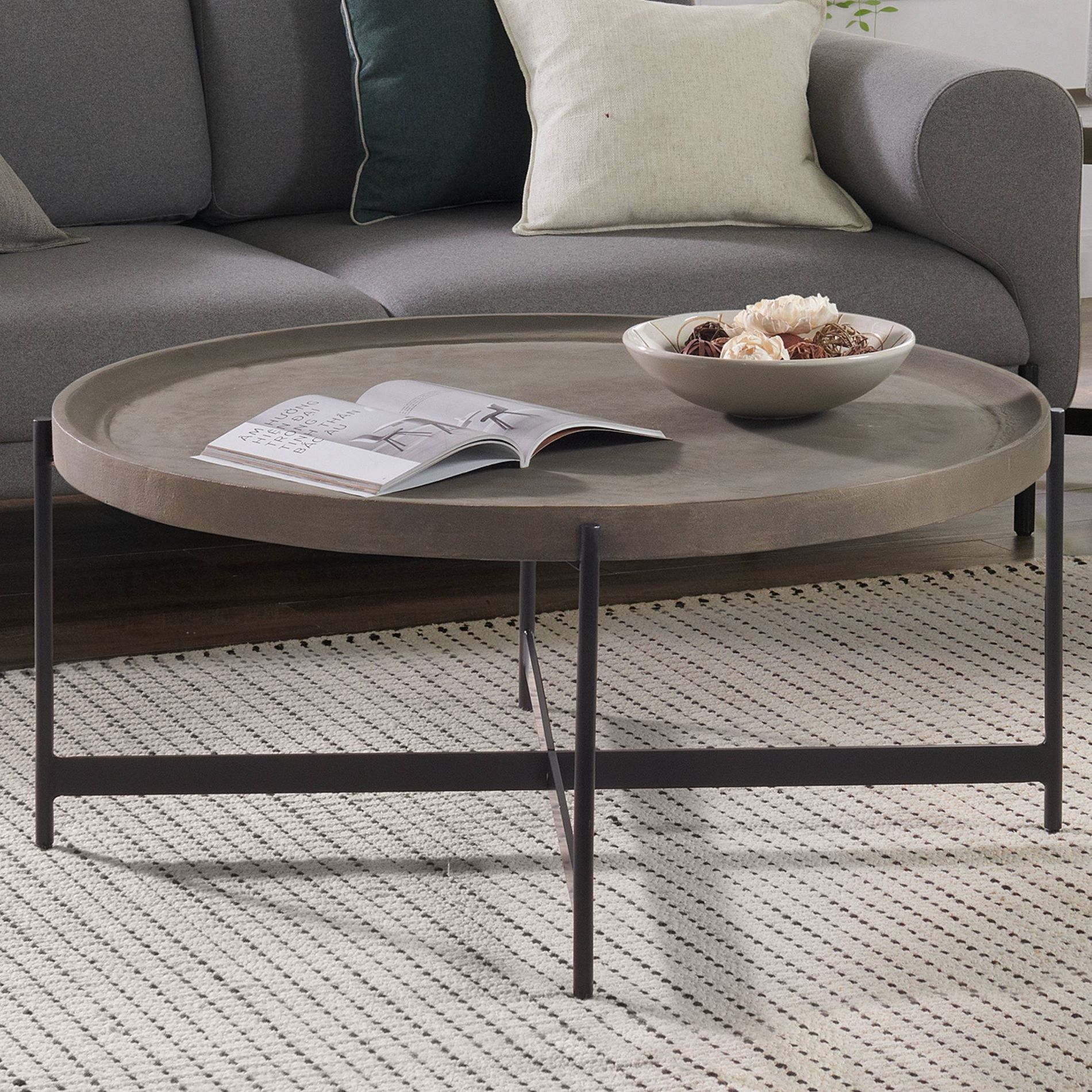 Alaterre Furniture 42" Brookline Round Coffee Table with X-Frame Metal Base Concrete