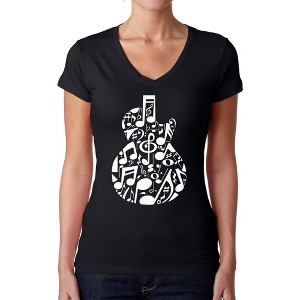 LA Pop Art Music Notes Guitar - Women's Word Art V-Neck T-Shirt - 1 of 4
