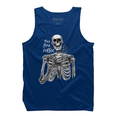 Men's Design By Humans Halloween skeleton drinking coffee. But first coffee By melazergDesign Tank Top