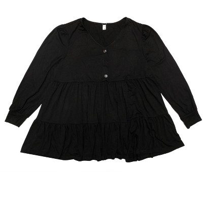 Agnes Orinda Women's Plus Size Babydoll V Neck Long Sleeve Winter Casual Button Half Placket Blouse