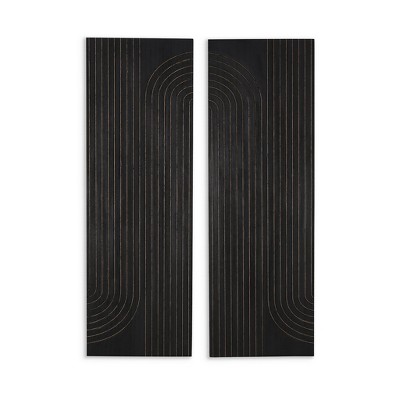 HomeRoots Set of Two 36" X 12" Black Carved Wood Hanging Dimensional Sculptures