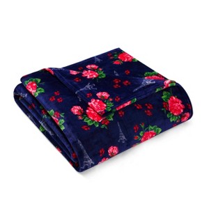 Twin Printed Pattern Plush Bed Blanket Floral Navy - Betseyville, Floral Blue