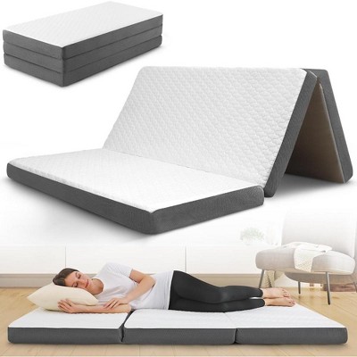Contour Comfort Queen 4 Inch Thick Portable Tri Folding Mattress with Memory Foam Layer with Washable Cover | Non-Slip Bottom Perfect Guest Bed-White