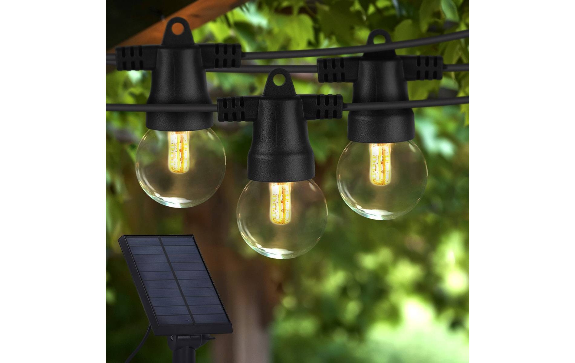 Brightech 12-Bulb LED Ambience Pro Solar 1W 27ft 2700K G40 Outdoor Orb and Globe String Lights Clear Bulb Black Wire