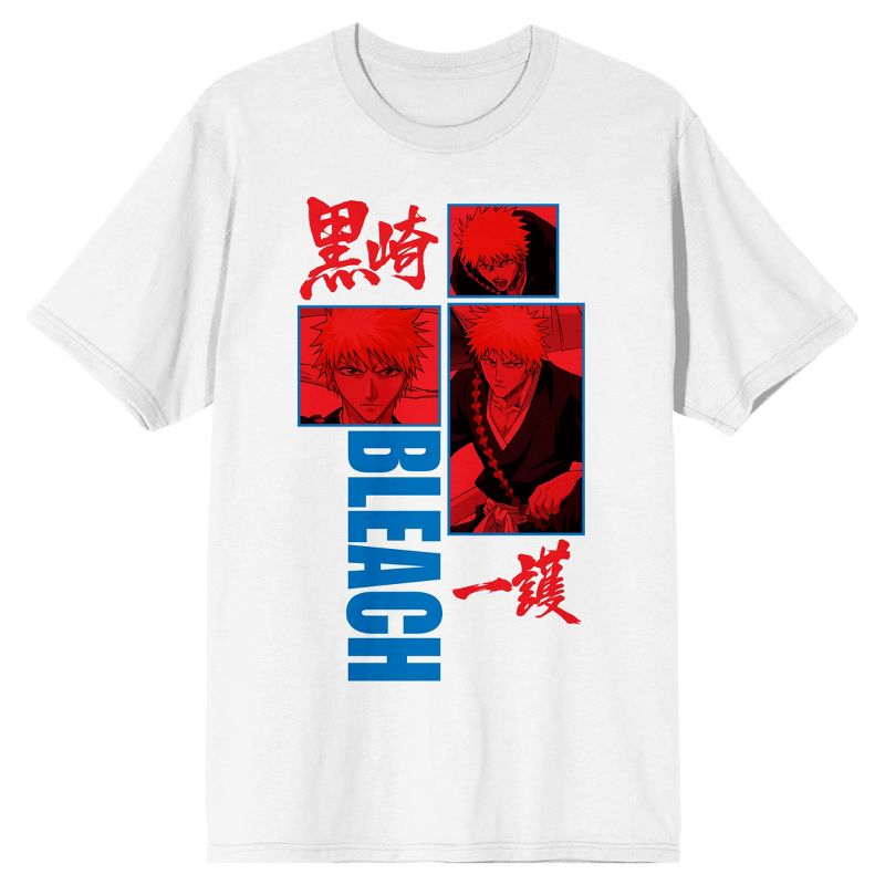 Men's Bleach Anime Cartoon Red & Blue Panel White Graphic Tee Shirt, 1 of 2