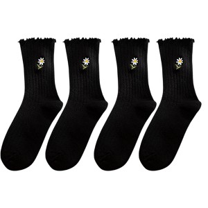 Anna-Kaci Women's 4 Pairs Ribbed Knit Socks with Daisy Embroidery Lettuce Edge Cuffs Soft Stretch Fabric - 1 of 4