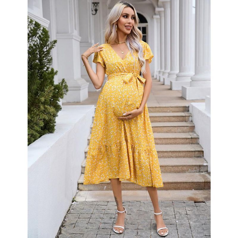 Women's Maternity V Neck Wrap Maxi Summer Dress Short Sleeve Boho Casual Nursing Dress Baby Shower Photoshoot Belt, 2 of 8