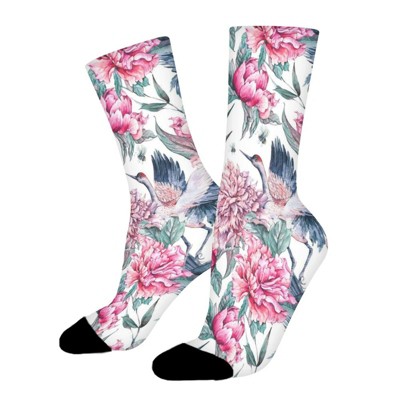Flying Cranes With Pink Flower Women Printed Crew Socks Funny Funky Socks Soft Polyester Novelty Gifts for Artists Men