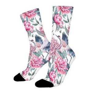 Flying Cranes With Pink Flower Women Printed Crew Socks Funny Funky Socks Soft Polyester Novelty Gifts for Artists Men - 1 of 1
