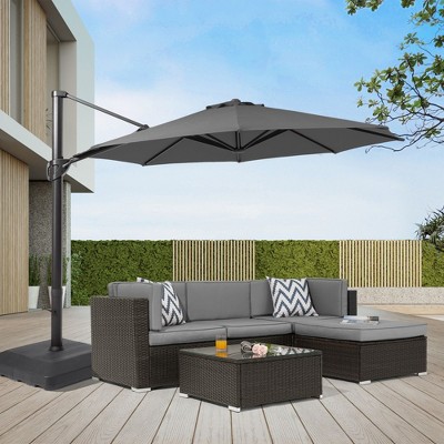 Sonkuki 11FT Outdoor Cantilever Patio Umbrella w/Base and Aluminium Pole, 360° Rotation and Infinite Canopy Angle Adjustment