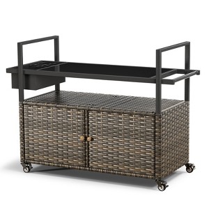 Buenhomino Patio Bar Table,Outdoor Kitchen Island with Glass Top,Rattan Patio Storage Cabinet with Wheels,Bar Cart for Poolside and Backyard - 1 of 4