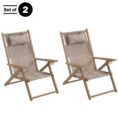 Taupe Eucalyptus Wood Folding Beach Chairs with Arms, Set of 2