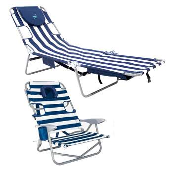 Ostrich Backpack Chaise Lounge Outdoor Folding Face Down Chair with Storage Bag & On-Your-Back 5-Position Recline Beach Chair, Striped Blue