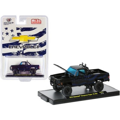 1973 Chevrolet Cheyenne Super 10 4x4 Pickup Truck Black w/American Flag Graphics Ltd Ed 5500 pcs 1/64 Diecast Model Car by M2