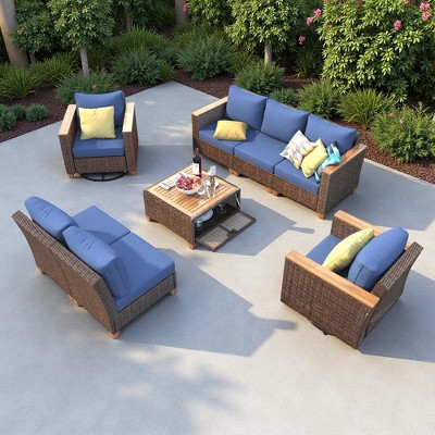 8-Piece Outdoor Patio Wicker Conversation Sofa Set with 2 Swivel Rocking Chairs and Acacia Storage Table
