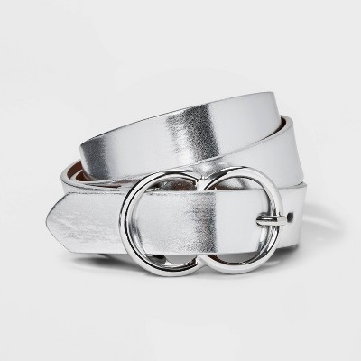 Women's Metallic Double Buckle Belt - A New Day™ Silver Xs : Target