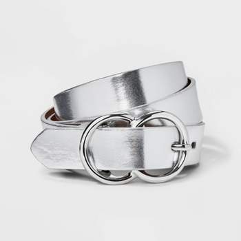 Women's Metallic Double Buckle Belt - A New Day™ Silver