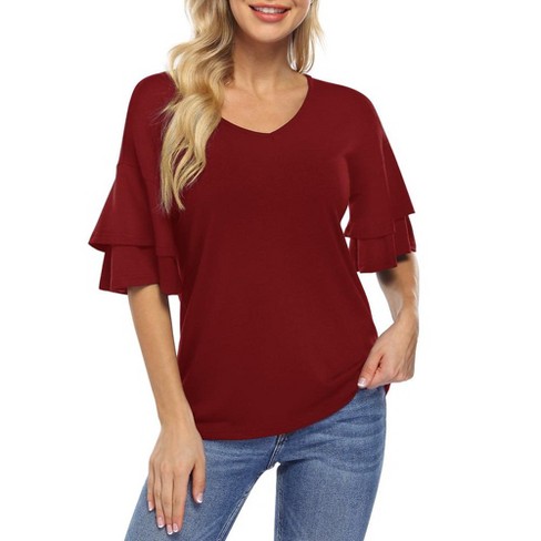 Women's Ruffle Tunic Top Casual V Neck Shirt Bell Half Sleeve Pullover ...
