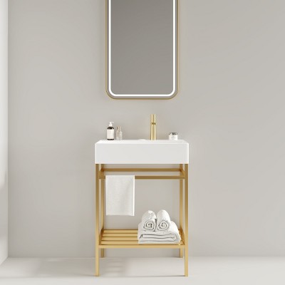 Bathroom Floor Cabinet,Bathroom Vanity With Ceramic Basin And Open Metal Leg And Storage Shelf,Freestanding Bathroom Furniture-Cuddlewood