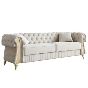 89" Wide Embroidered Velvet Sofa, Chesterfield Design with Gold Metal Trim, 750lb Weight Capacity, Includes 2 Cushions and 2 Decorative Pillows - 1 of 4