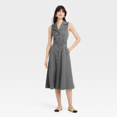 Women's Tie-Waist Midi Shirtdress - A New Day™ Gray L