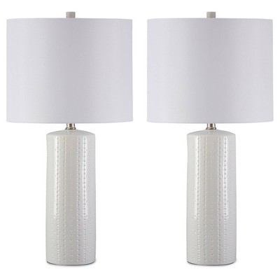Steuben White and Gray Ceramic Table Lamp Set with Fabric Shade
