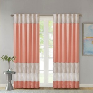 Vynxaria Pintucked Colorblock Curtain Panel (50" W x 84" L)Coral and Taupe, Lined Faux Silk, Rod Pocket/Back Tab, Machine Washable - 1 of 4