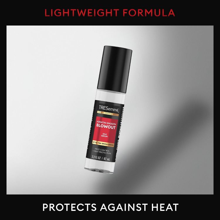 A bottle of TRESemmé Keratin Smooth Blowout Silk Serum with a black cap, labeled as 3.3 FL OZ / 97 mL, against a background with the text "LIGHTWEIGHT FORMULA" and "PROTECTS AGAINST HEAT."