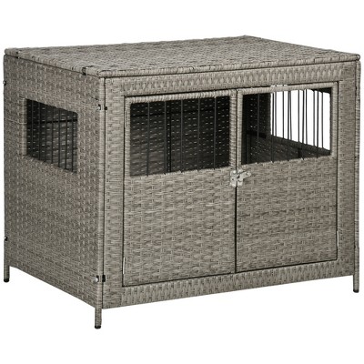 PawHut Rattan Dog Crate with Double Doors, Wicker Dog Cage with Large Entrance and Soft Cushion, Dog Kennel for Medium to Large Sized Dogs, Gray