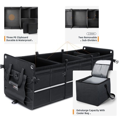 Large Black Nylon Car Trunk Organizer with Detachable Cooler Bag