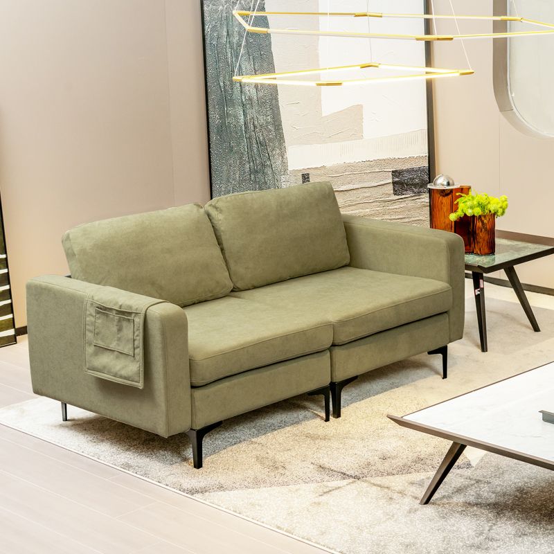 Costway Modern Loveseat Linen Fabric 2-Seat Sofa Couch w/ Side Storage Pocket Green\Orange, 2 of 11