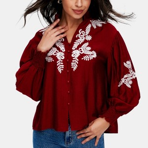 Knit & Lounge Women’s Embroidered Button Down Blouse Long Puff Sleeves Boho Inspired Lightweight Top - 1 of 4
