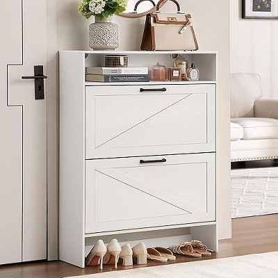 Gericco Shoe Storage Cabinet with 2 Flip Drawers,Farmhouse Narrow Shoe Organizer with Legs,Freestanding Hidden Slim Shoe Rack Cabinet