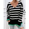 Women's V-Neck Striped Sweater Color Block Knit Top Long Sleeve Side Slit Pullover Top - 3 of 4
