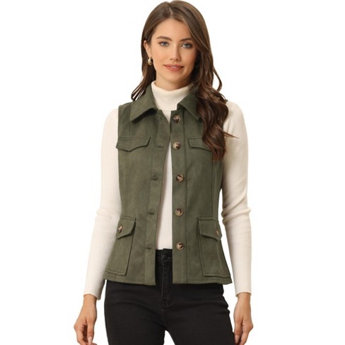 Allegra K Women s Buttoned Sleeveless Faux Suede Utility Vest With Cargo Pocket Army Green Small Target