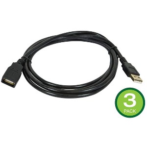 Monoprice USB Type-A to USB Type-A Female 2.0 Extension Cable - 6 Feet - Black (3 Pack) 28/24AWG, Gold Plated Connectors - 1 of 3