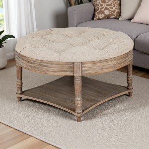 31.5" Linen Ottoman with 2-Tier Wooden Shelf - 1 of 4