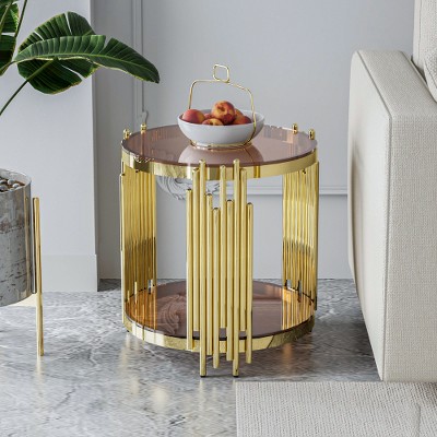 Dolonm Gold Round End Table - Modern 19.69" Stainless Steel Leg, 8mm Brown Tempered Glass Top, Adjustable Feet for Living Room
