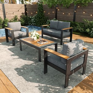 LayinSun 4 Pieces Aluminum Outdoor Patio Furniture Set with Coffee Table, Outside Metal Patio Conversation Sets with Deep Seating and Thick Cushions - 1 of 4
